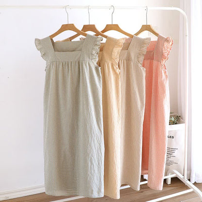 Cotton Gauze Plaid Flutter Sleeve Tank Nightdress - image 0