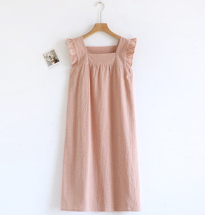 Cotton Gauze Plaid Flutter Sleeve Tank Nightdress - Pink - XL - image 5