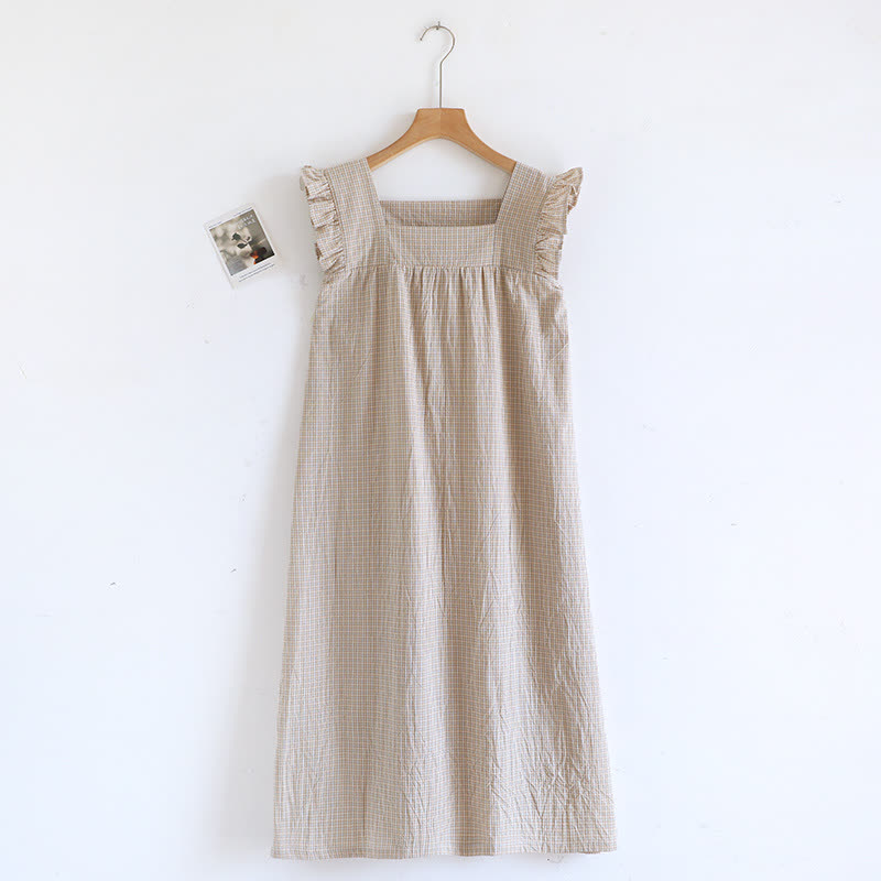Cotton Gauze Plaid Flutter Sleeve Tank Nightdress - Coffee - XL - image 2