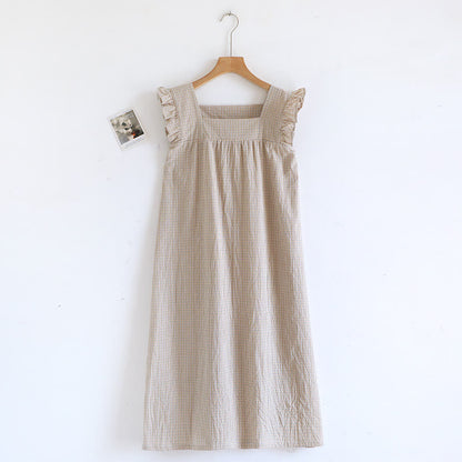 Cotton Gauze Plaid Flutter Sleeve Tank Nightdress - Coffee - XL - image 2