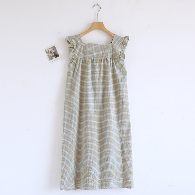 Cotton Gauze Plaid Flutter Sleeve Tank Nightdress - Green - XL - image 3
