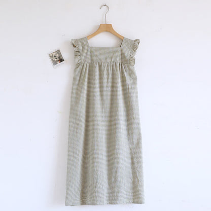 Cotton Gauze Plaid Flutter Sleeve Tank Nightdress - Green - XL - image 3