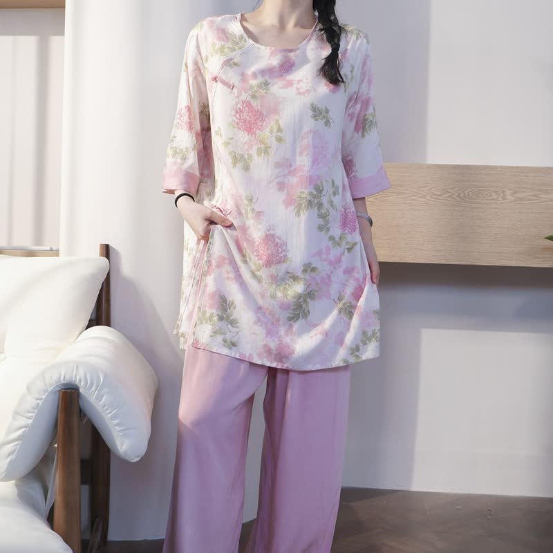 Elegant Chrysanthemum Eastern-Inspired Loungewear Set - image 2