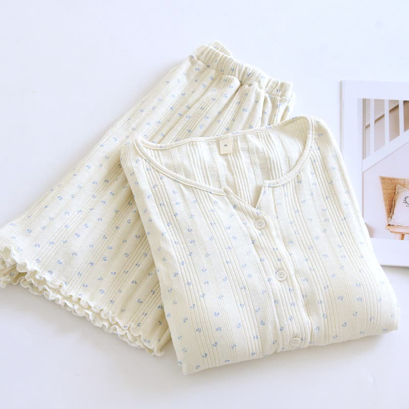 Pastoral Floral Cotton Jacquard Pajama Set - Beige & Blue - XL - image 8