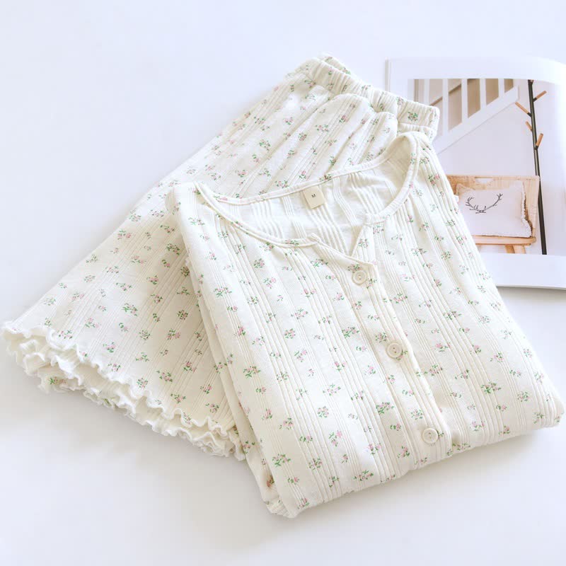 Pastoral Floral Cotton Jacquard Pajama Set - Beige & Green - XL - image 12