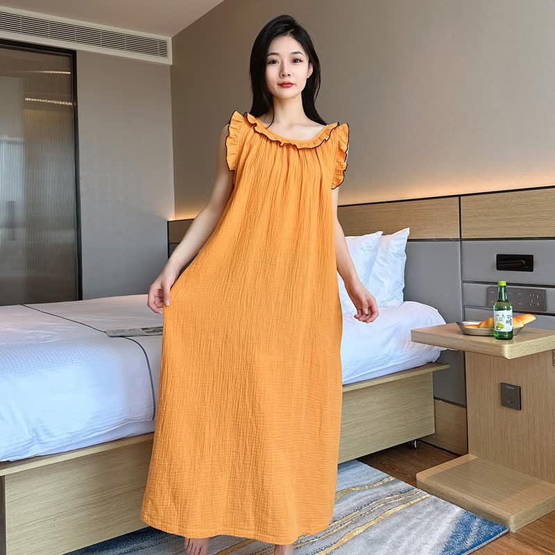 Plus Size Minimalist Cotton Ruffle Sleeveless Nightgown - Yellow - 5XL - image 12