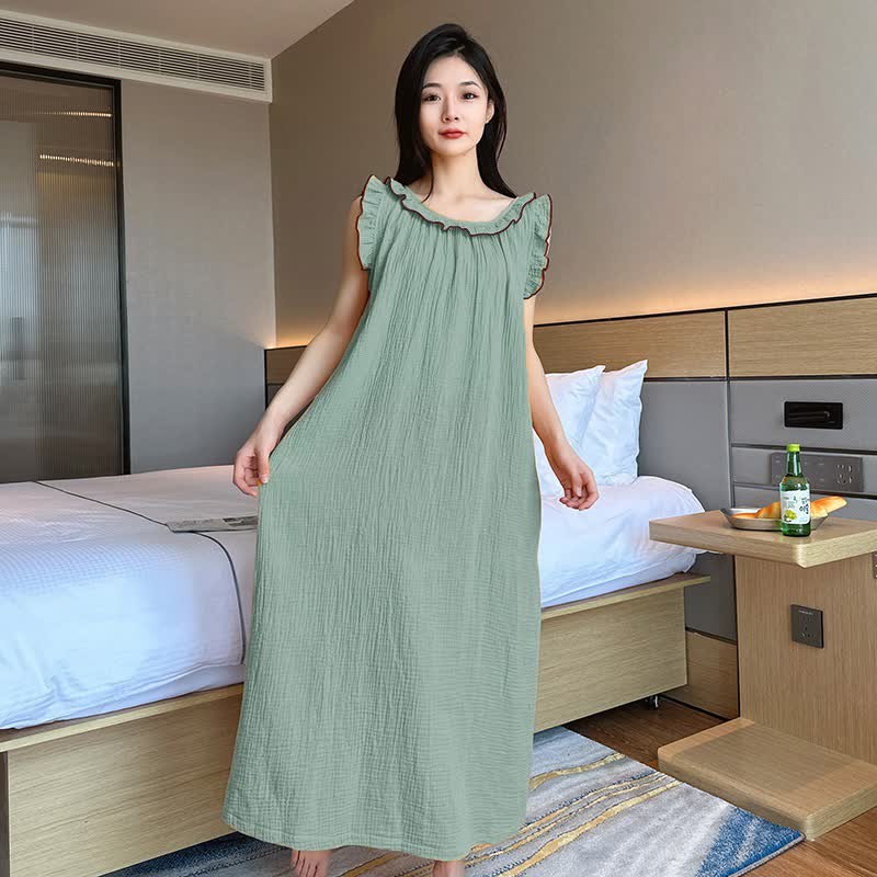 Plus Size Minimalist Cotton Ruffle Sleeveless Nightgown - Green - 5XL - image 12
