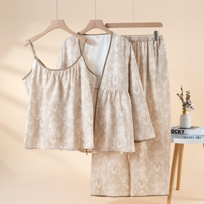 Botanical Print Cotton Loungewear Set(3PCS) - Coffee - XL - image 4