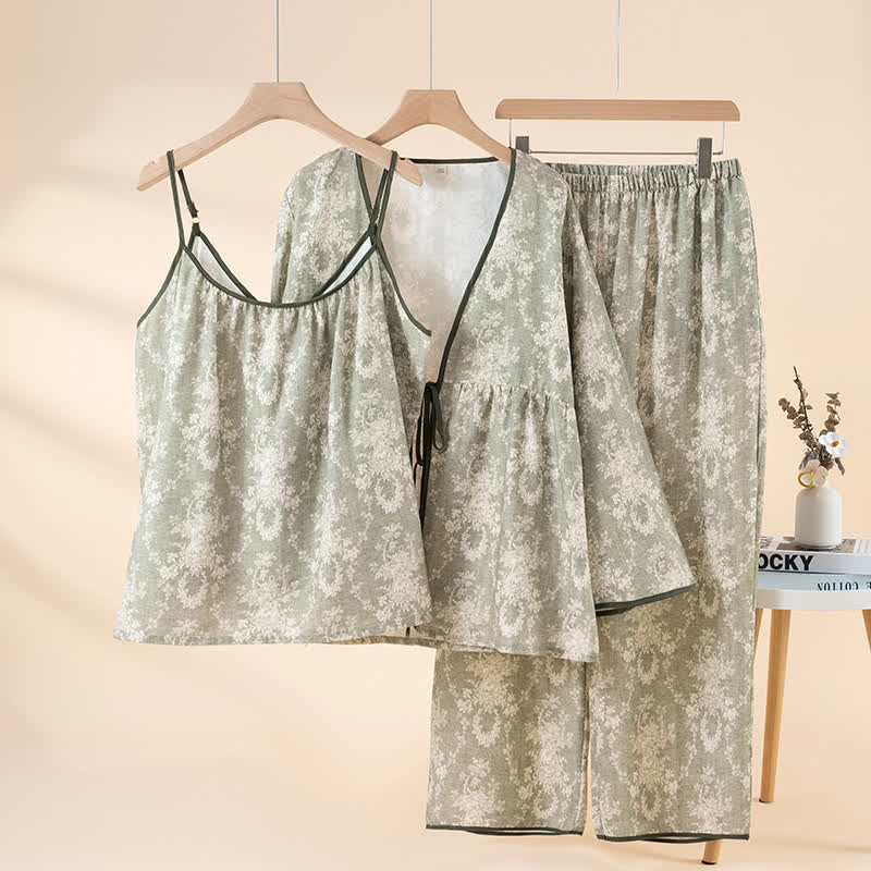 Botanical Print Cotton Loungewear Set(3PCS) - Green - XL - image 2