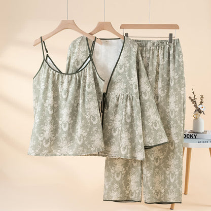 Botanical Print Cotton Loungewear Set(3PCS) - Green - XL - image 2