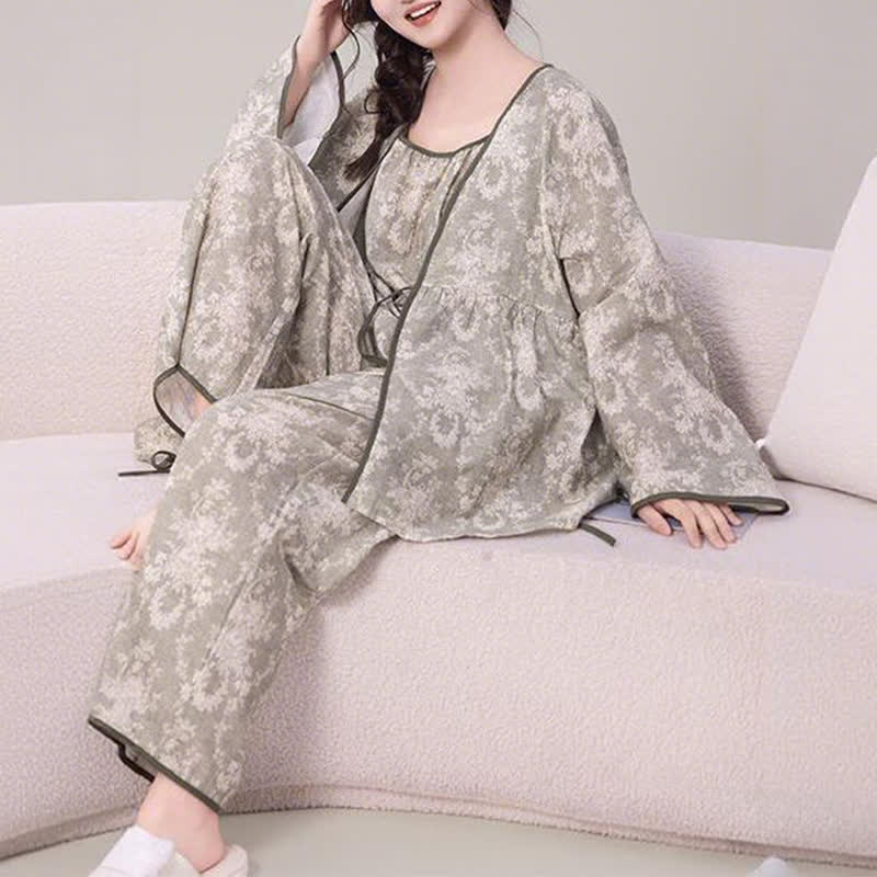 Botanical Print Cotton Loungewear Set(3PCS) - image 3
