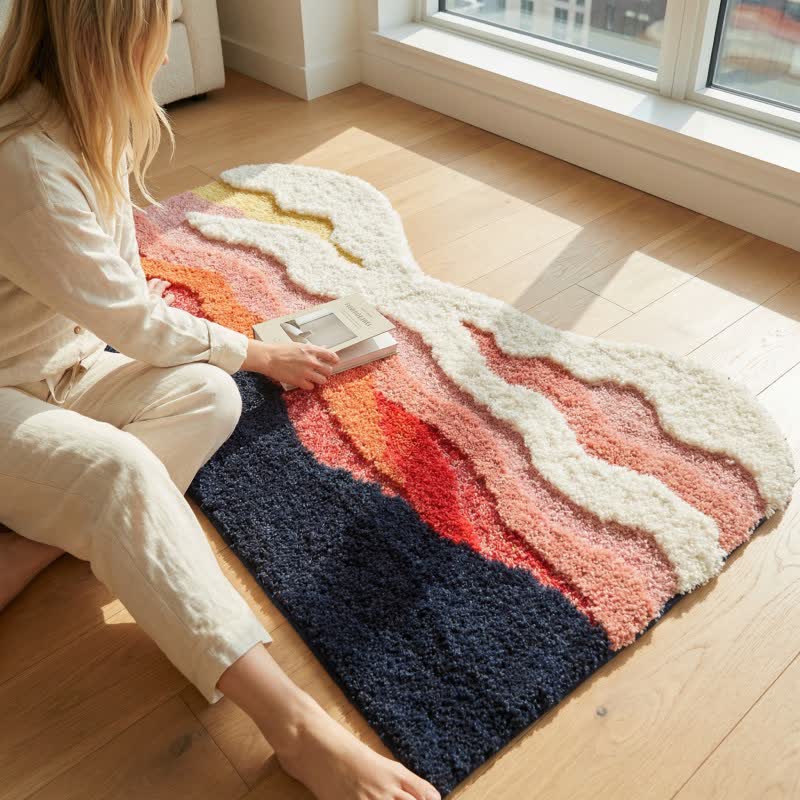 Abstract Wave Shaped Flocked Rug - Dark Pink - 19"W x 47"L - image 1