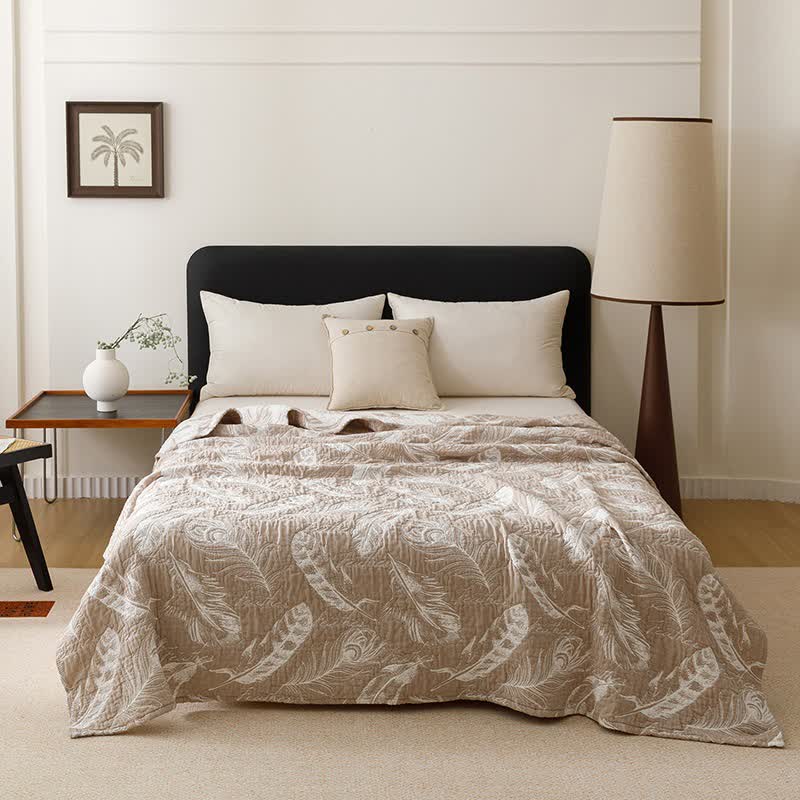 Feather Cotton Gauze Quilt Blanket - Coffee - Queen - image 1
