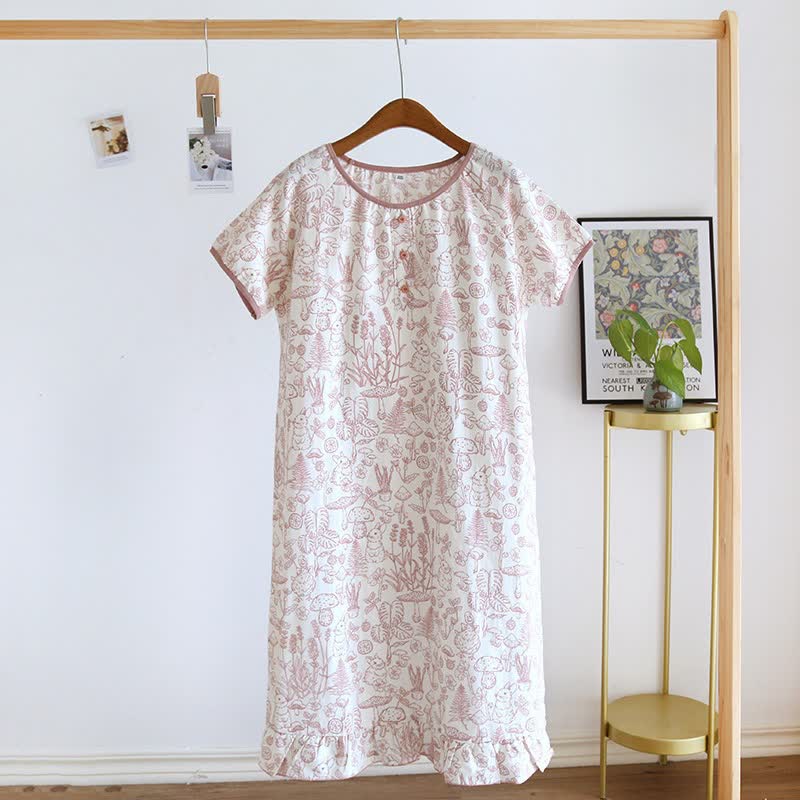 Rustic Mushroom & Bunny Cotton Nightgown - Red - XL - image 3