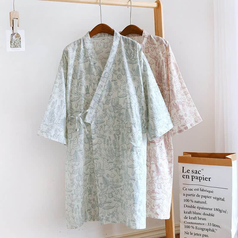 Mushroom & Bunny Cotton Gauze Kimono Robe - image 1