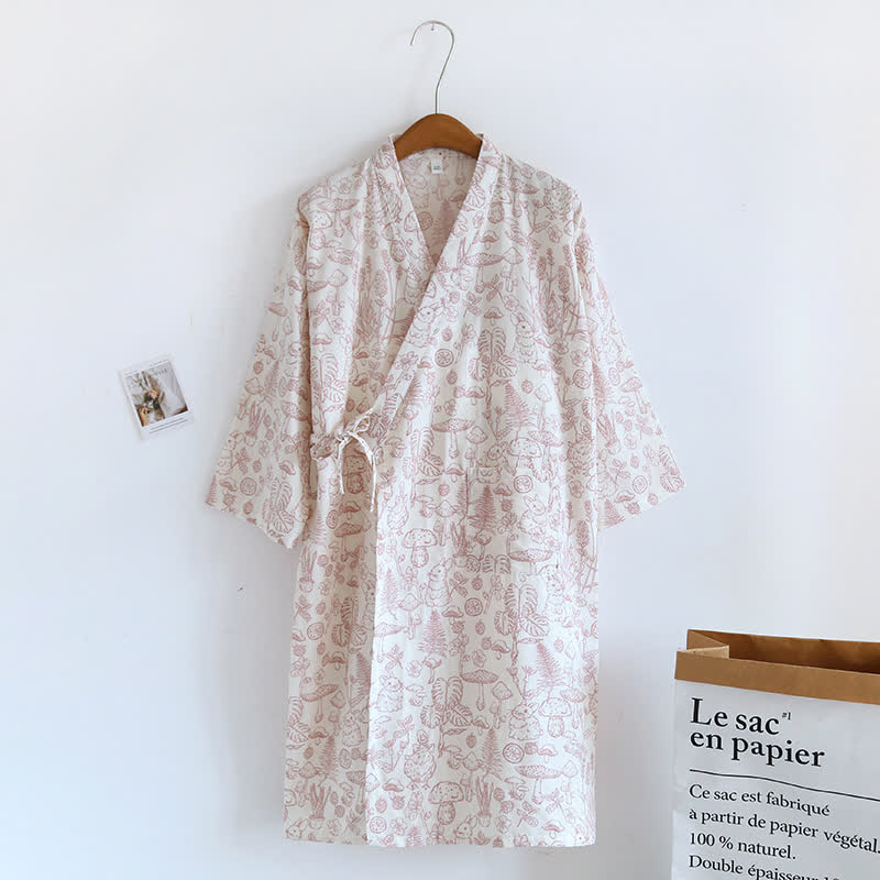 Mushroom & Bunny Cotton Gauze Kimono Robe - Red - L - image 2