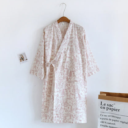 Mushroom & Bunny Cotton Gauze Kimono Robe - Red - L - image 2