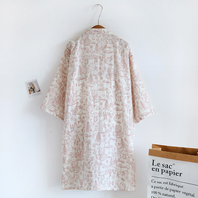 Mushroom & Bunny Cotton Gauze Kimono Robe - image 3