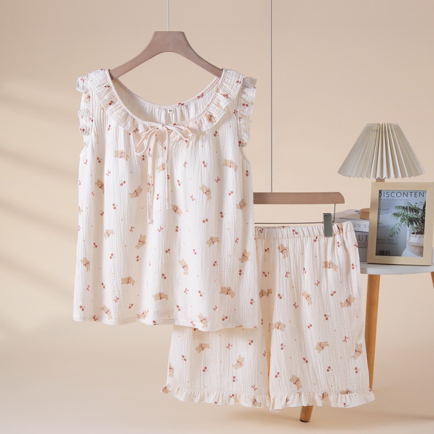 Cherry & Bunny Cotton Gauze Pajama Set - Beige - XL - image 0