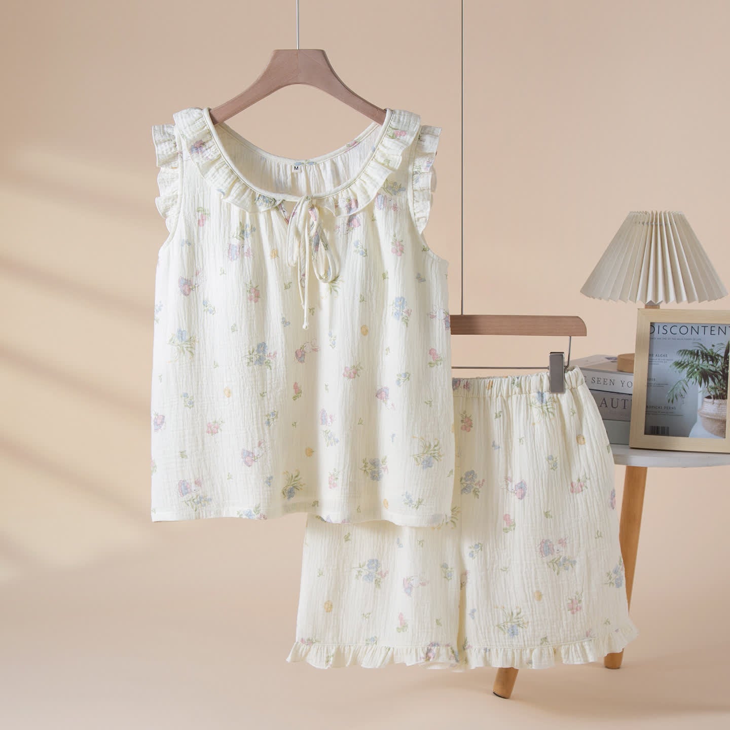 Cartoon Bunny & Floral Cotton Gauze Pajamas - Beige - XL - image 0