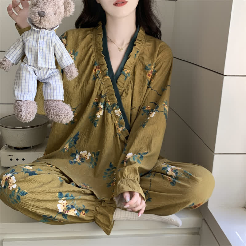 Ruffled Neck Green Floral Pajama Set - image 1