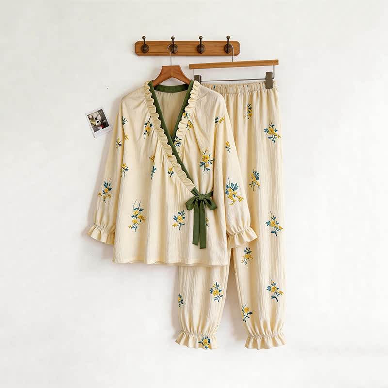 Ruffled Neck Botanical Floral Pajama Set - image 3