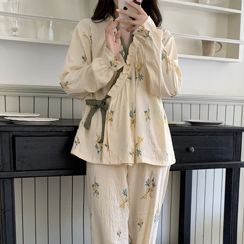 Ruffled Neck Botanical Floral Pajama Set - image 2
