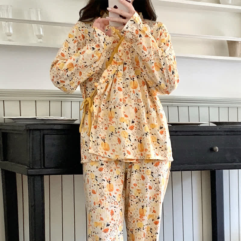 Ruffled Neck Yellow Floral Pajama Set - image 4