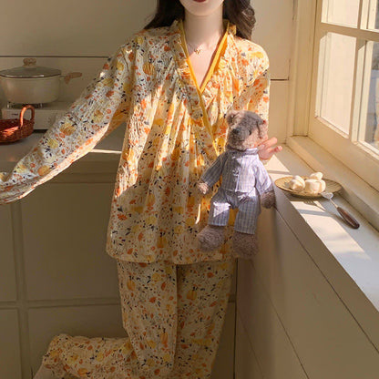 Ruffled Neck Yellow Floral Pajama Set - image 6