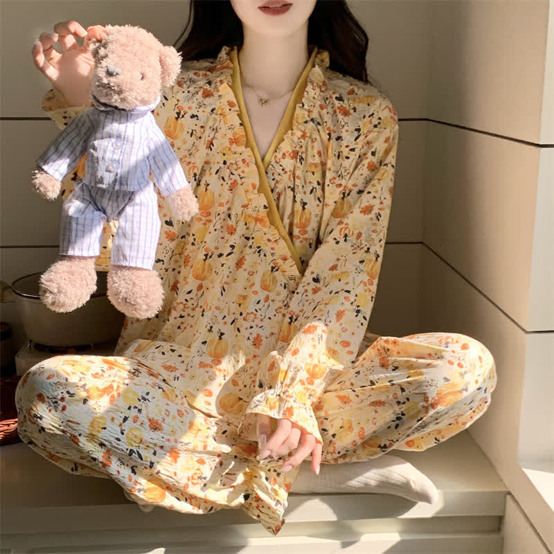 Ruffled Neck Yellow Floral Pajama Set - image 3