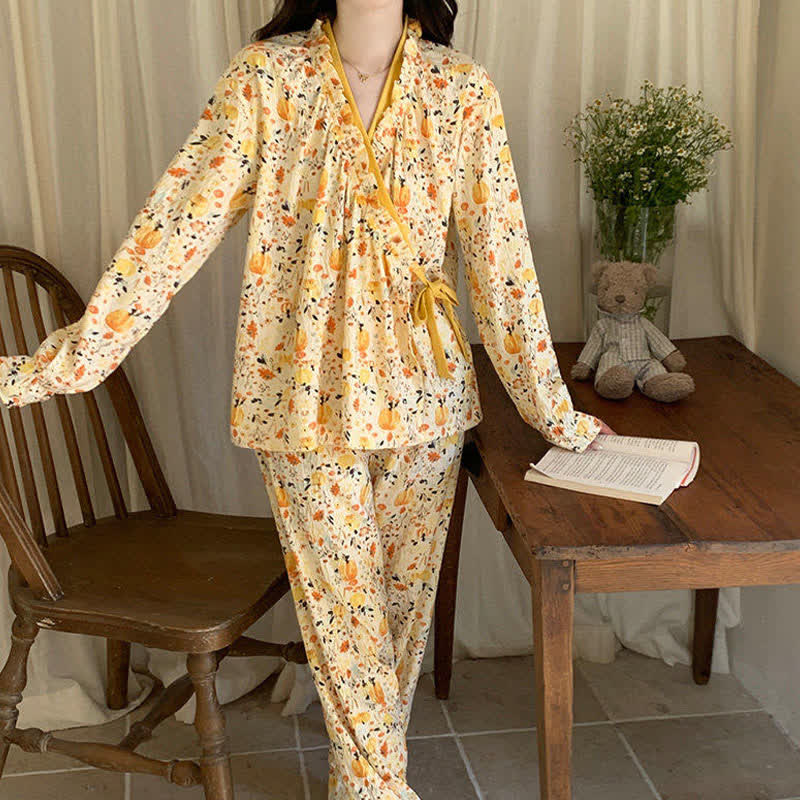 Ruffled Neck Yellow Floral Pajama Set - image 5