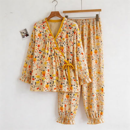 Ruffled Neck Yellow Floral Pajama Set - image 2