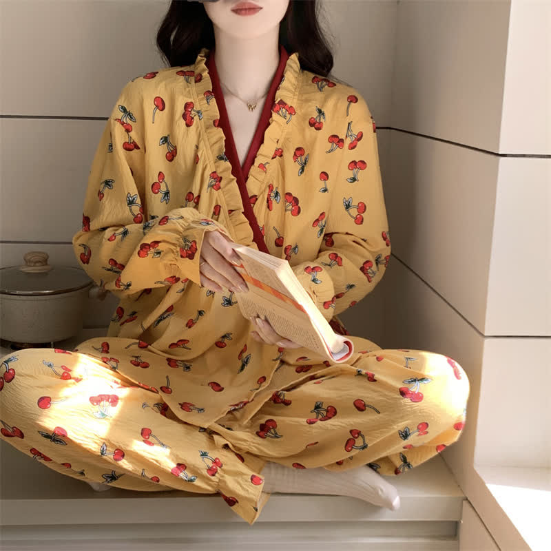 Ruffled Neck Cherry Print Pajama Set - image 1
