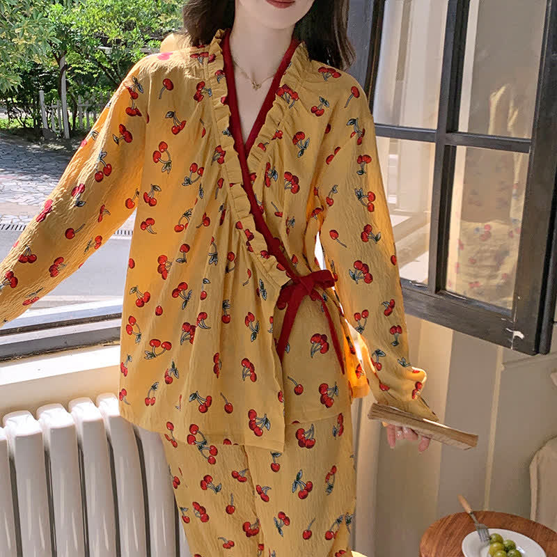Ruffled Neck Cherry Print Pajama Set - image 2