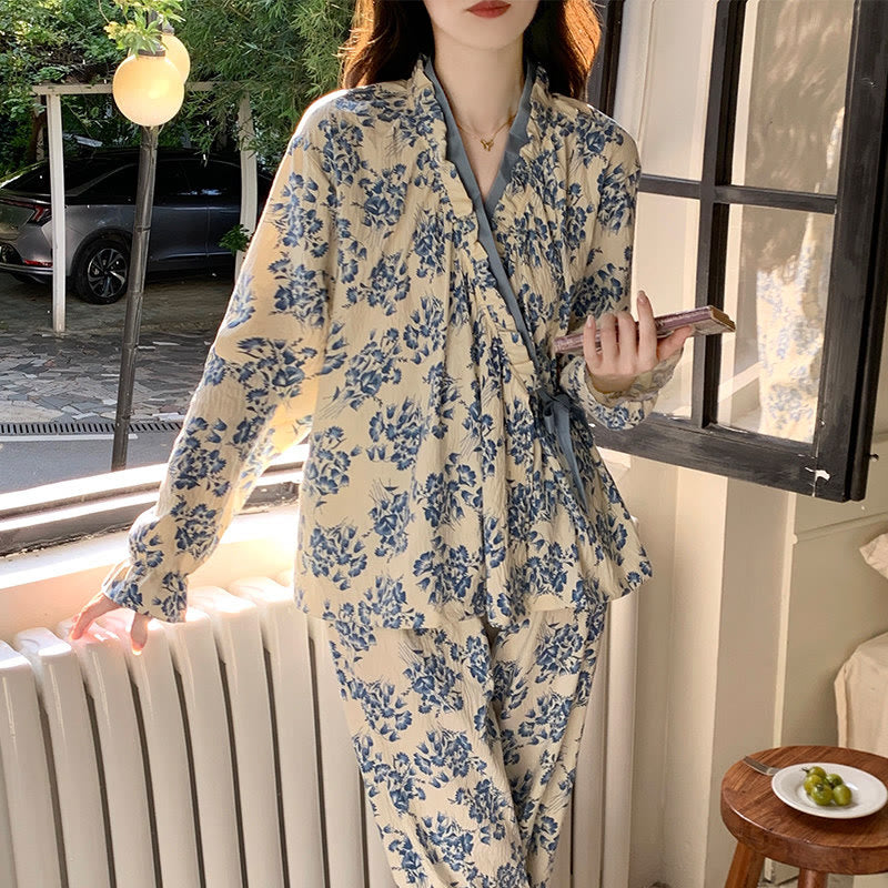 Ruffled Neck Blue Floral Pajama Set - image 3
