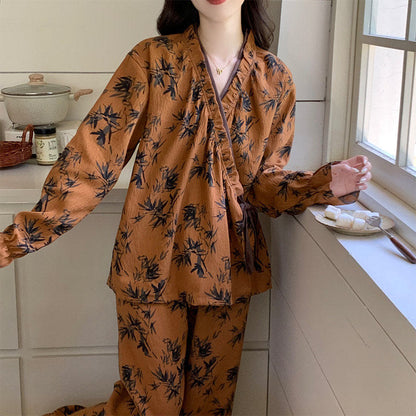 Ruffled Neck Leaf Print Pajama Set - image 4