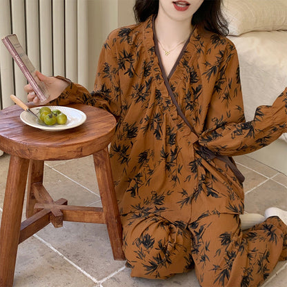 Ruffled Neck Leaf Print Pajama Set - image 6