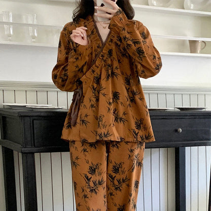Ruffled Neck Leaf Print Pajama Set - image 3