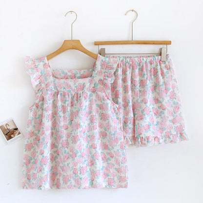 Romantic Floral Cotton Gauze Sleeveless Pajamas - Pink - L - image 0