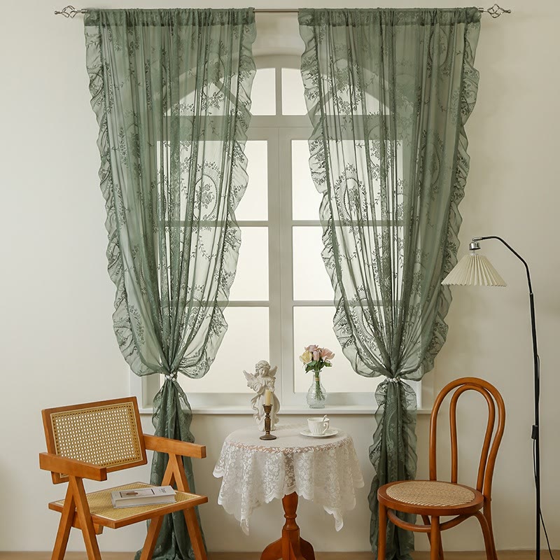 Cottage Lace Sheer Curtain with Ruffle Trim - Green - 55"W x 102"L - image 0