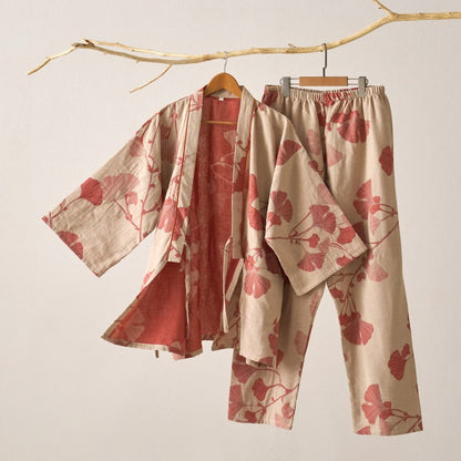 Large Ginkgo Leaf Cotton Kimono Pajamas - Beige & Pink - XL - image 5