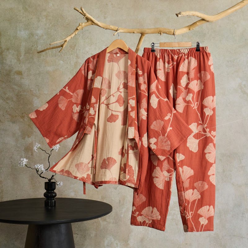 Large Ginkgo Leaf Cotton Kimono Pajamas - Pink - XL - image 4