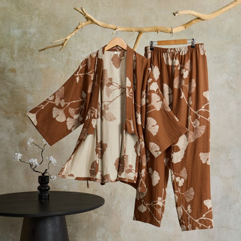 Large Ginkgo Leaf Cotton Kimono Pajamas - Brown - XL - image 6