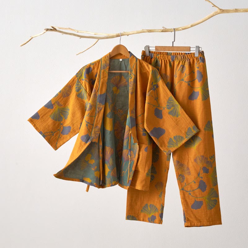 Large Ginkgo Leaf Cotton Kimono Pajamas - Yellow - XL - image 3