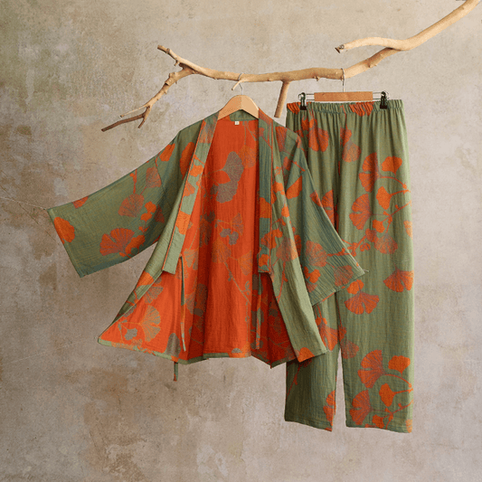 Large Ginkgo Leaf Cotton Kimono Pajamas - Green & Orange - XL - image 0