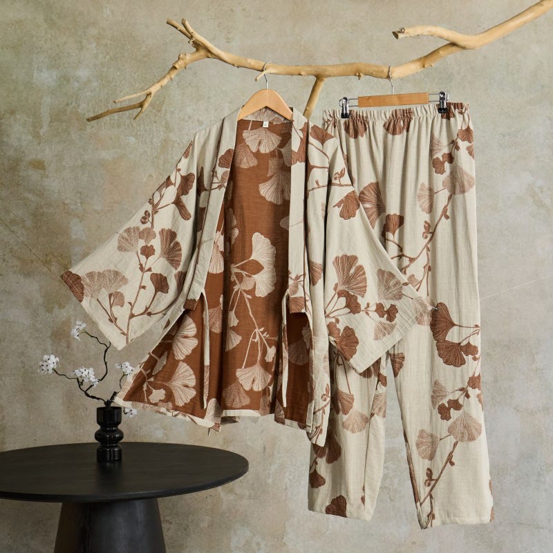 Large Ginkgo Leaf Cotton Kimono Pajamas - Beige - XL - image 7