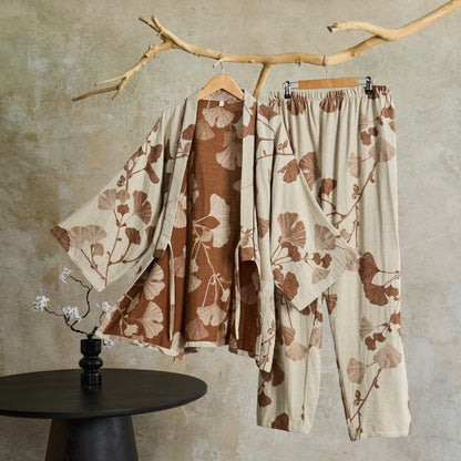 Large Ginkgo Leaf Cotton Kimono Pajamas - Beige - XL - image 7