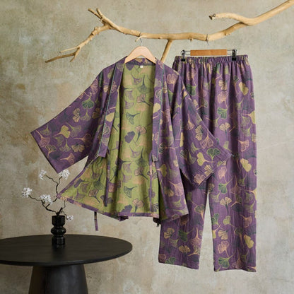 Ginkgo Cotton Gauze Kimono Loungewear Set - Purple - XL - image 8