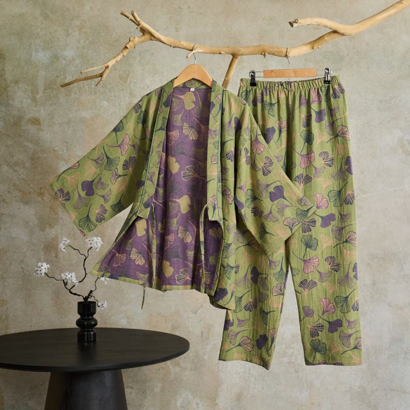 Ginkgo Cotton Gauze Kimono Loungewear Set - Light Green - XL - image 7