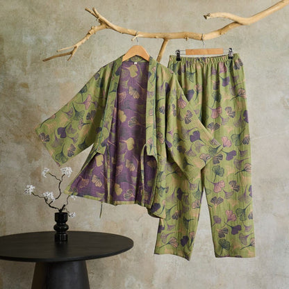Ginkgo Cotton Gauze Kimono Loungewear Set - Light Green - XL - image 7